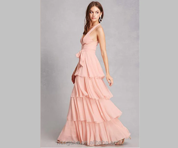 Tiered Belted Gown2017 Elegant Bridal Chiffon Gown Dress shirred tiered layers an attached sash belt HSH6013