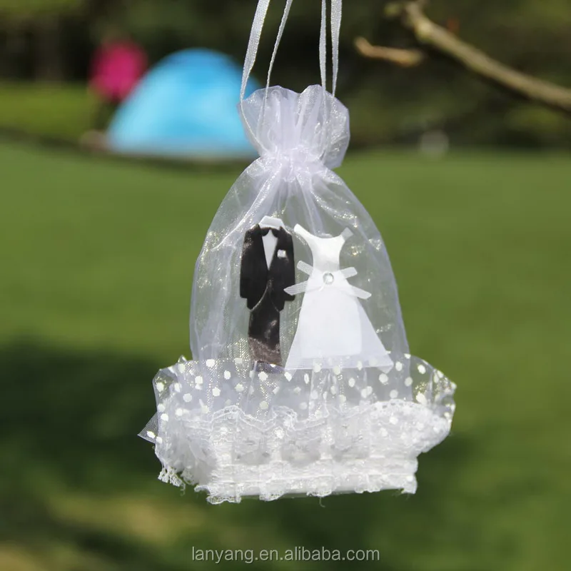 Bride and Groom Stick On Organza Basket Wedding Candy Favor Box Chocolate Bag