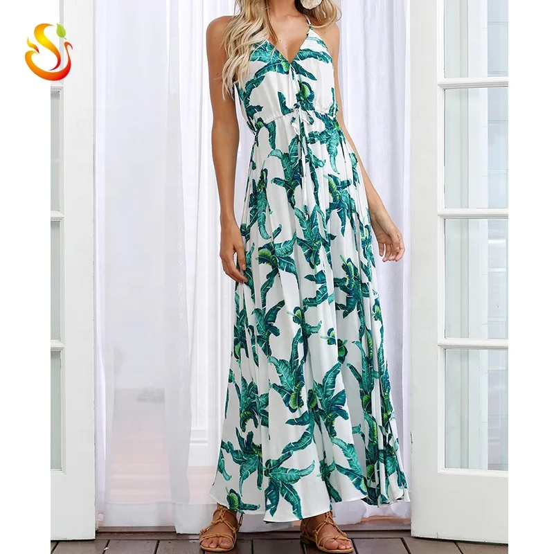 
Wholesale high quality custom leaf pattern women V neck one piece sleeveless casual maxi dress long skirts 