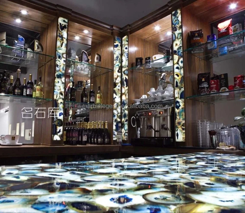 Luxury interior design blue agate crystal slab natural backlit blue agate wall for villa