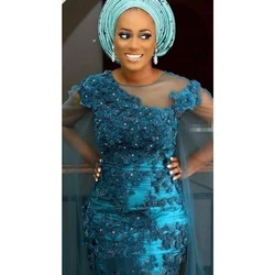 African Prom Dress With Sheer Neck Appliques Bead Mermaid Evening Gowns Formal Party Dresses Women Wear