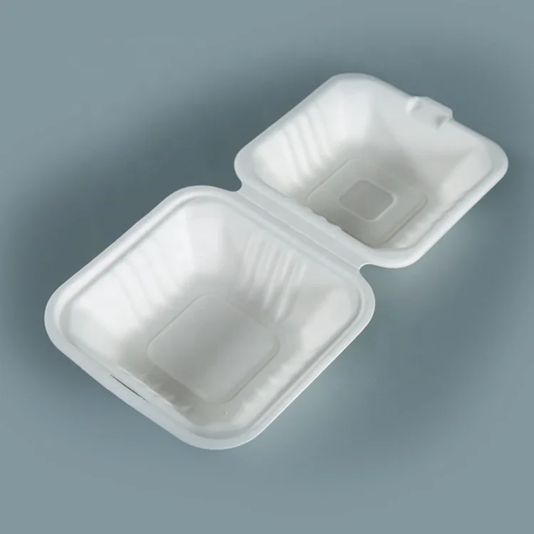 Biodegradable meat food packaging clamshell sugarcane pulp bagasse 3 compartment tray for food
