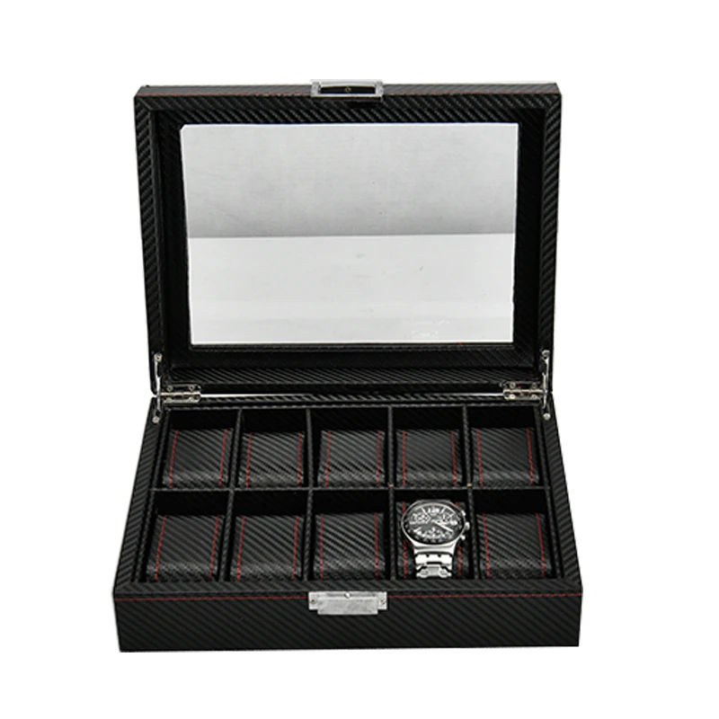 Carbon Fiber 10 Slots Oem custom  luxury black  pu leather watch storage display box ladies watch packaging gift box with pillow