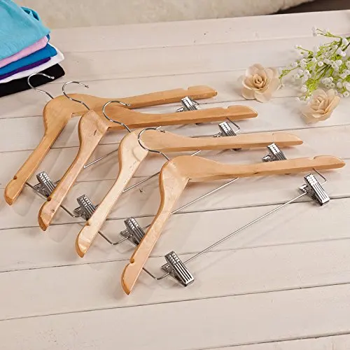 Inspring Wooden Pant Hanger Wooden Suit Hangers with Steel Clips and Hooks, Natural Wood Collection Skirt Hangers