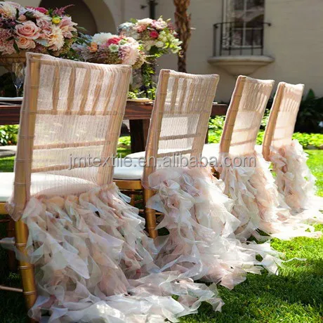 wedding decoration pure white chiffon chair curly willow ruffle chair sash
