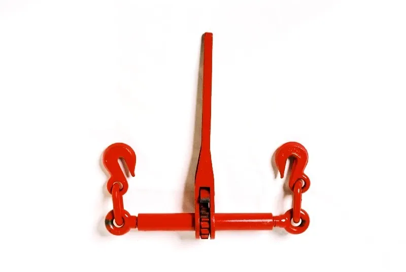 Ratchet type load binder painted red with hook rigging hardware