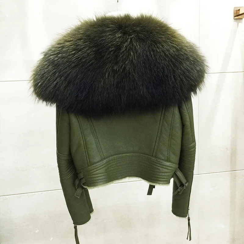 Women luxury leather jackets real fox raccoon fur overcoat big fur collar winter jackets