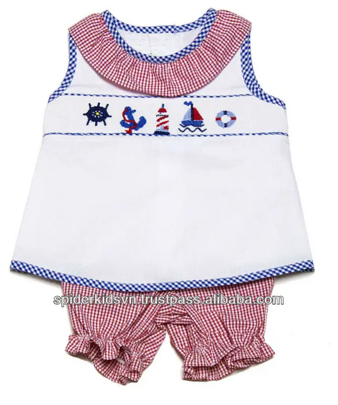 Infant/Toddler Girl White Red Mini Gingham Smocked Ocean Bule Baby Set Wholesale OEM made in Viet Nam girls clothing