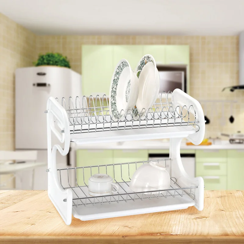 2 Tier Kitchen Dish Rack Dryer Organizer Counter Iron Metal Wire Stainless Steel Drainer Plate Storage Cup Rack with PP Tray