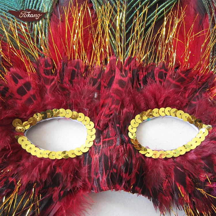 Large Size Red Rooster Tail Feather Carnival Mask With Peacock Feather Decoration