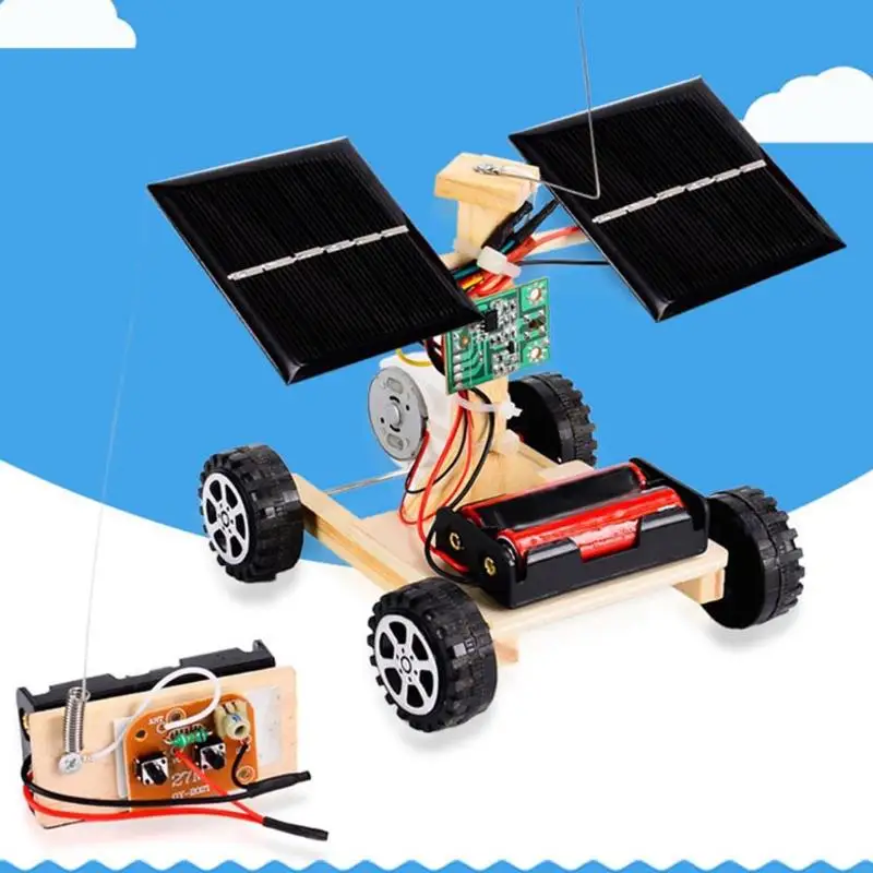 Assembly RC Toys DIY Mini Wooden Car Wireless Remote Control Vehicle Model DIY Solar Car Kids Toy Science Educational Toy