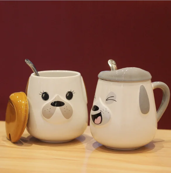 
Cute Cartoon Dog With Lid Spoon Cute Animal Creative Coffee Cup Ceramic Mugs Milk Dog Mug with Handle 