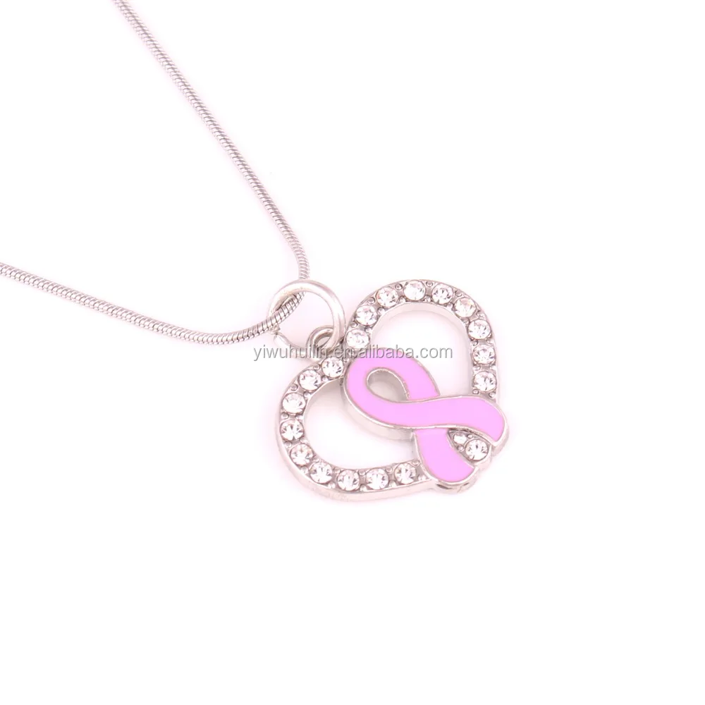 Breast Cancer Awareness Jewelry Pink Ribbon Cancer Heart Pave Crystal With Snake Chain Necklace for gift