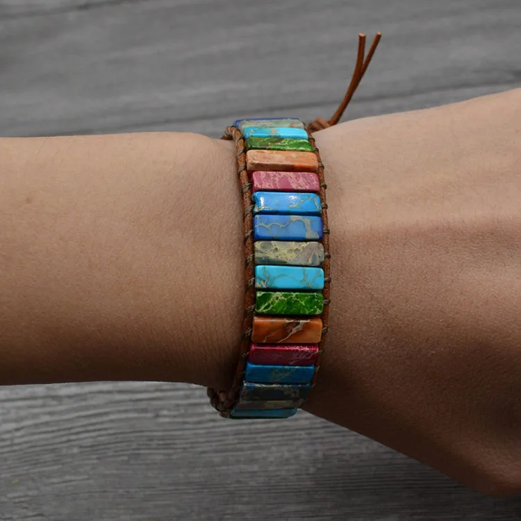 Chakra Multi Color Natural Stone Tube Beads Leather Handmade Bracelet