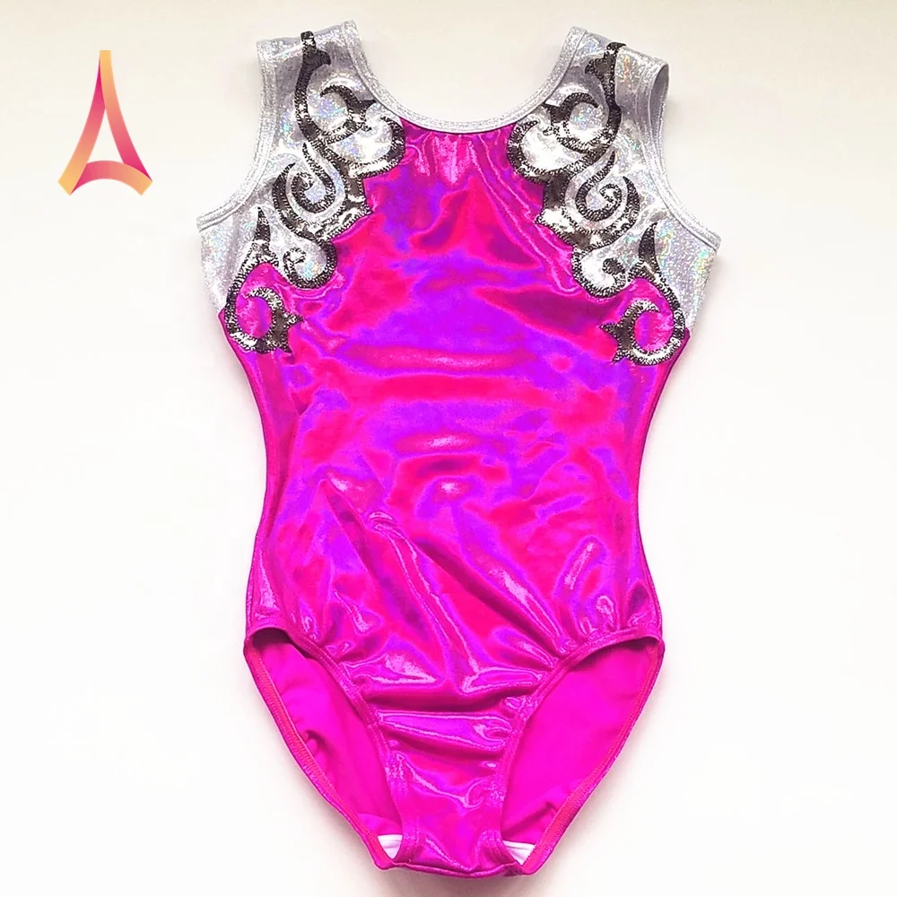 Sophisticated Swirl Trim Shiny Pink Gymnastics leotards for girls