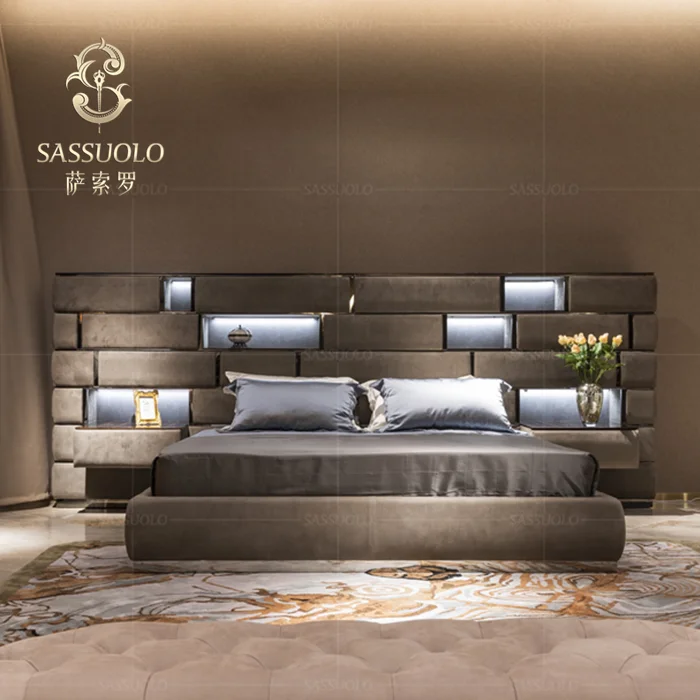 
sassuolo High quality bedroom furniture italian deluxe bed plus bedside table big bed latest postmodern double bed design 