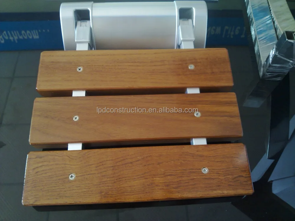 Wall Mount Solid Wood Stainless Steel Bracket Folding Shower Seat Fold up Bathroom Sauna  Bench