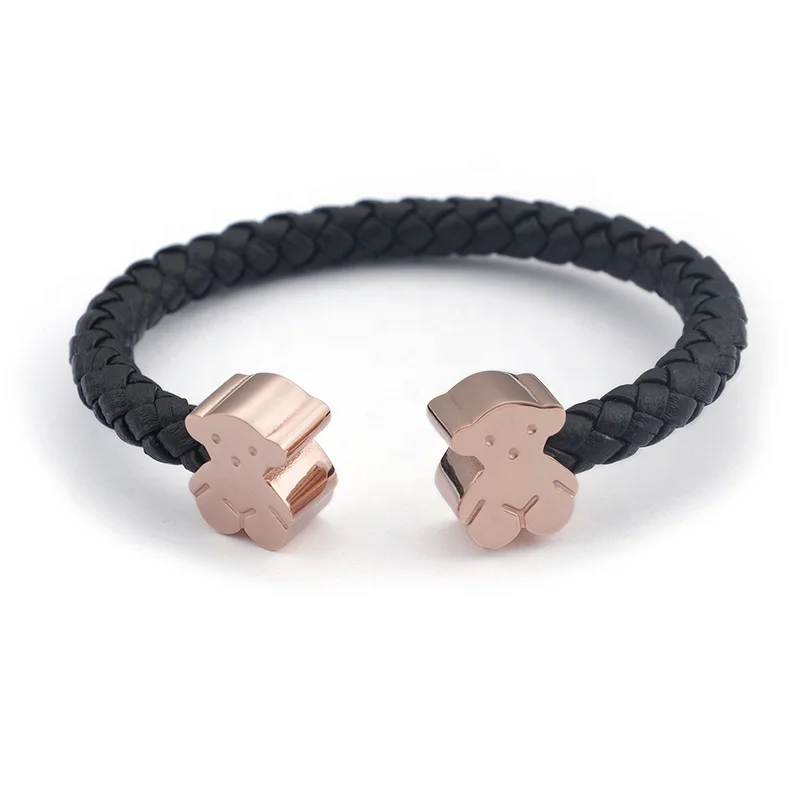 
Hot Selling Stainless Steel Bear Shaped Ladies Custom Braided Leather Cuff Bracelet 