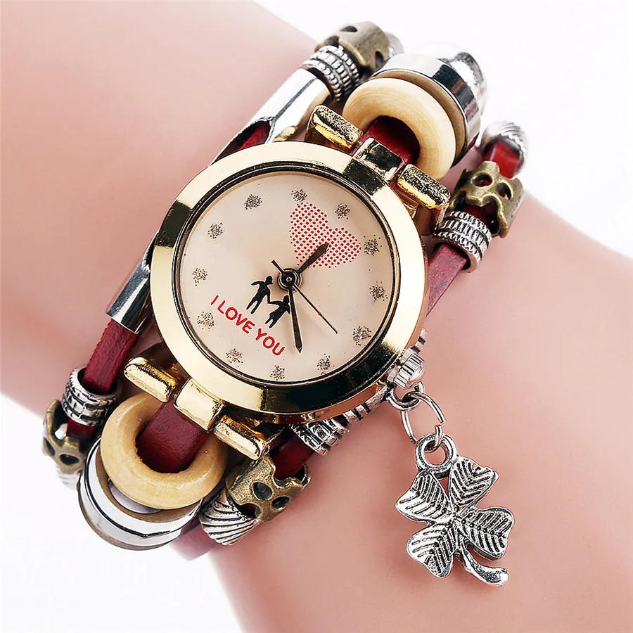 Wholesale cheap price Fashion Women Casual Leather watches Flower pendant  lady delicate Weave Wrap bracelet Watch in Yiwu