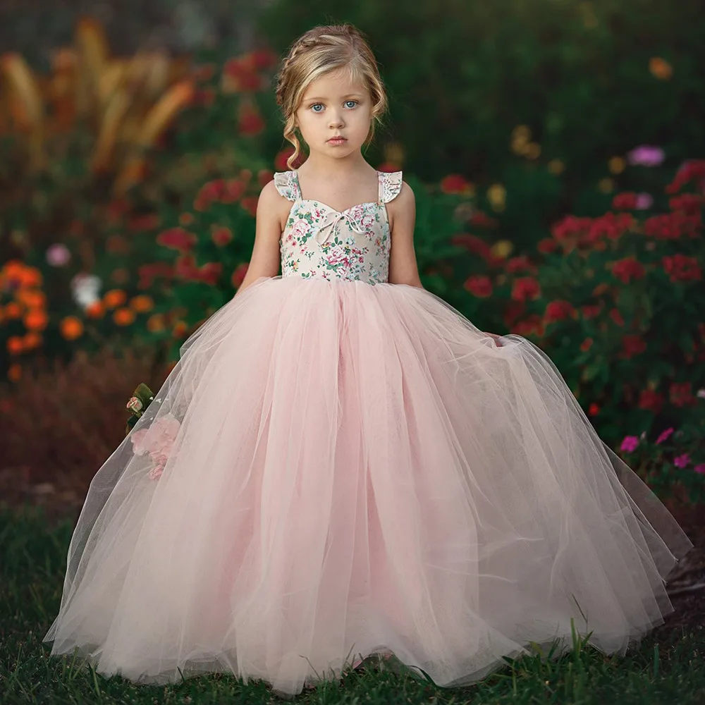 
 Новинка 2019, вечернее платье для девочек с цветочным принтом, розовое Тюлевое платье макси, свадебные платья для девочек, бальное платье для детей и девочек  