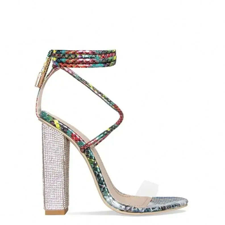 
Women Gladiator Ankle Strap Clear Rhinestone Lace Up Chunky High Heel Snake Skin Strappy Sandals 