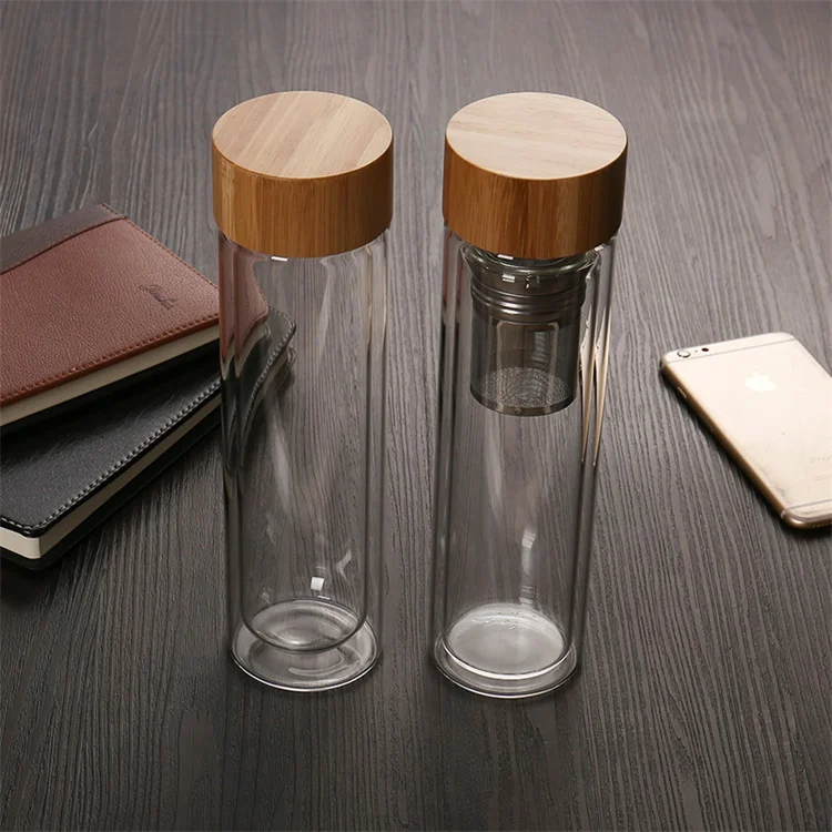 2019 double wall portable bamboo lid glass tea infuser water bottle for office