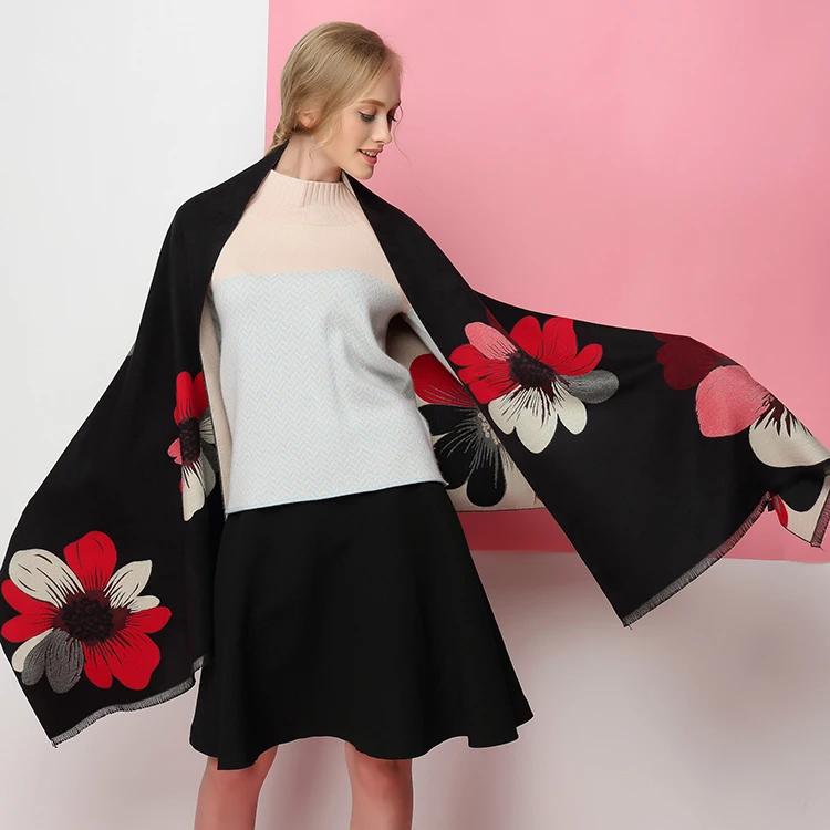 Double Sided Available Fashion Winter Pashmina Jacquard Scarf Big Flower Warm Wraps 100% Cashmere Shawl Scarf Women