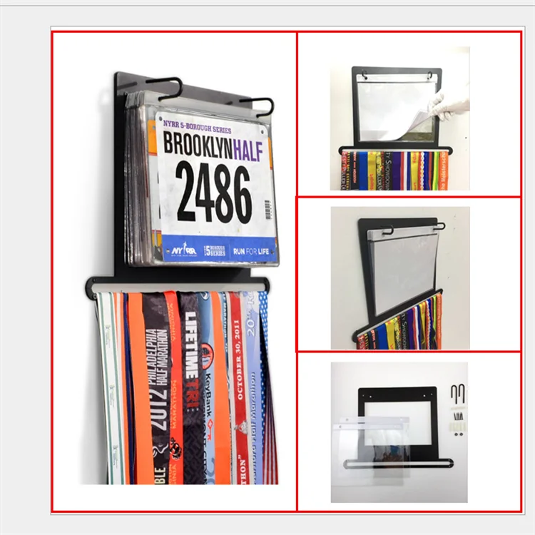 Factory Custom Medal Display Hanger Marathon Medal Holder With Bib Pouches