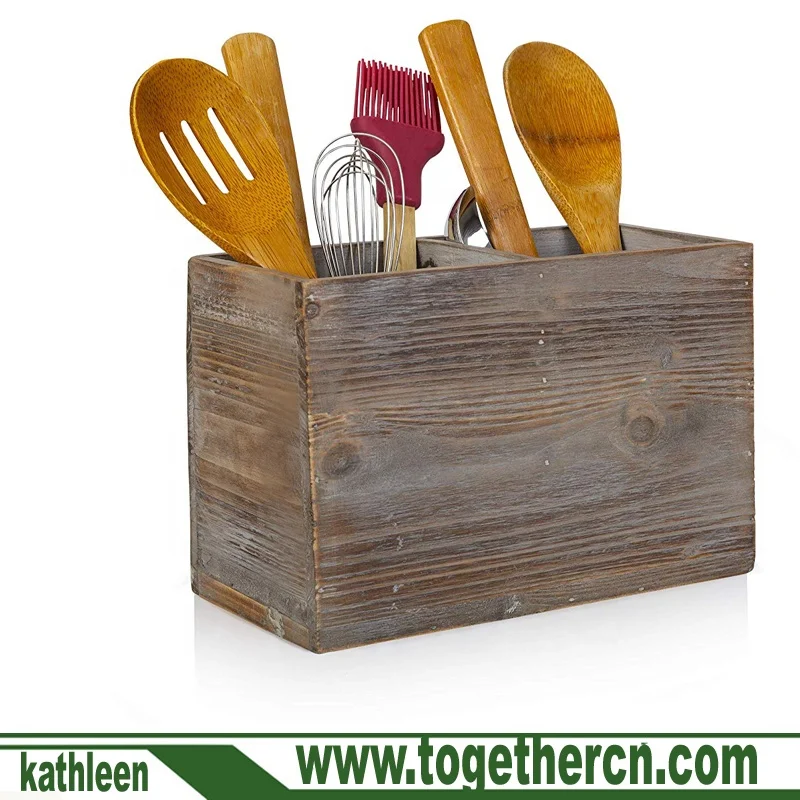 
Large Vintage Countertop Caddy Box With 2 Compartments Rustic Kitchen Utensil Holder 