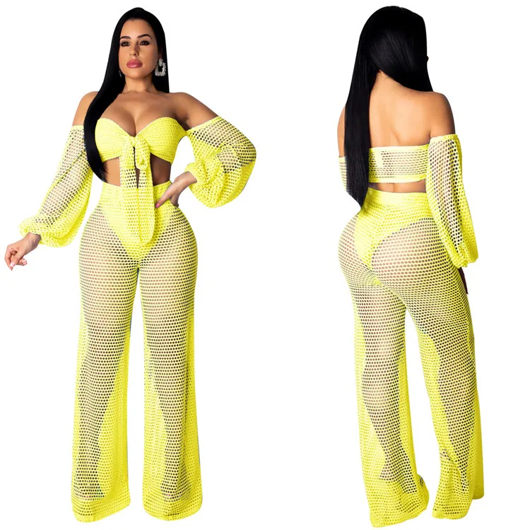 
Mesh off shoulder swim cover up top beach pants 