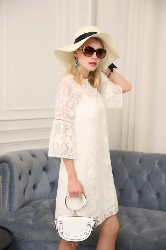 new fashion Round neck Sexy Lace embroidery pure silk dress