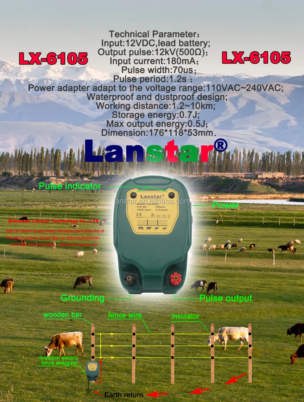 10km Electric Fence Energizer / Charger / Controller for Cattle and Other Animals, Solar Battery or AC Mains Power IP55