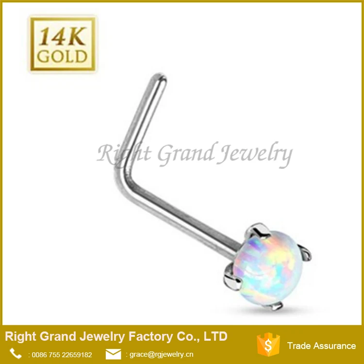 Surgical 316L Steel Gold L Bend Nose Ring with Prong Set Synthetic Opal Nose Screw