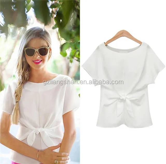 Korean Ladies Tops Latest Fashion Blouse Design 2015 Summer Short Sleeve T Shirt Blue White Women Chiffon Blouse