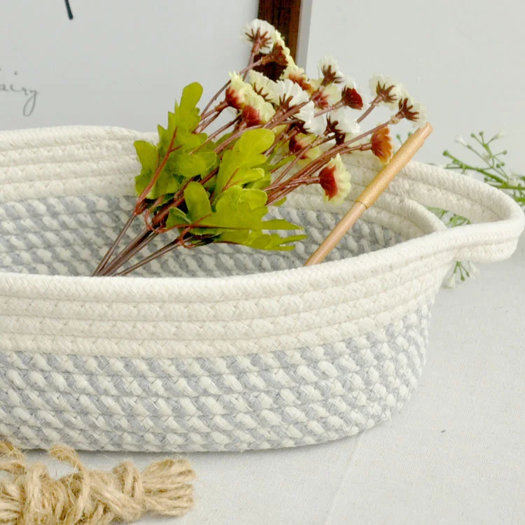 
Wholesale popular round grey cotton woven rope storage basket with reim 