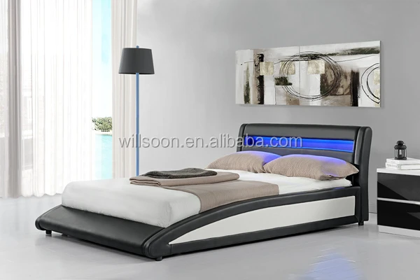 Willsoon Panel and Plywood Style Bedroom Furniture Curve Design LED Double Size Bed with PU Soft Leather Upholstery