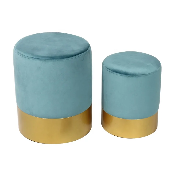 velvet fabric round ottoman stool with gold matel base