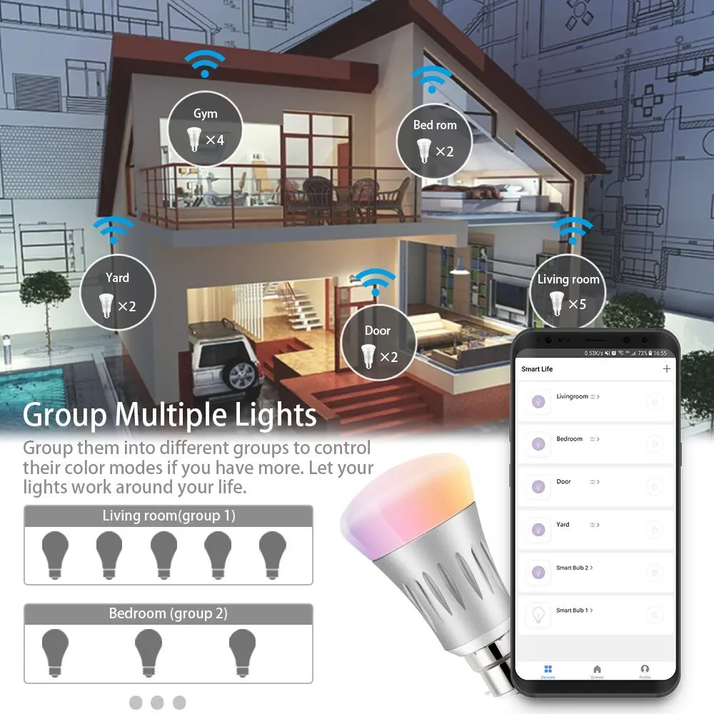 Приглушаемая светодиодная смарт-лампа B22 bayonet, многоцветная 7 Вт RGBW alexa google home, решение Tuya smart life