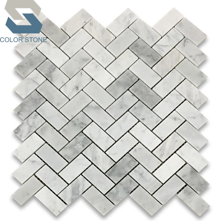 Carrara herringbone marble mosaic shower tile wall bathroom remodel design
