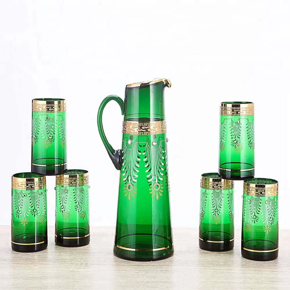 ready to ship water set with 1 jar and 6 cups from handmade water set manufacture with real gold decoration glassware