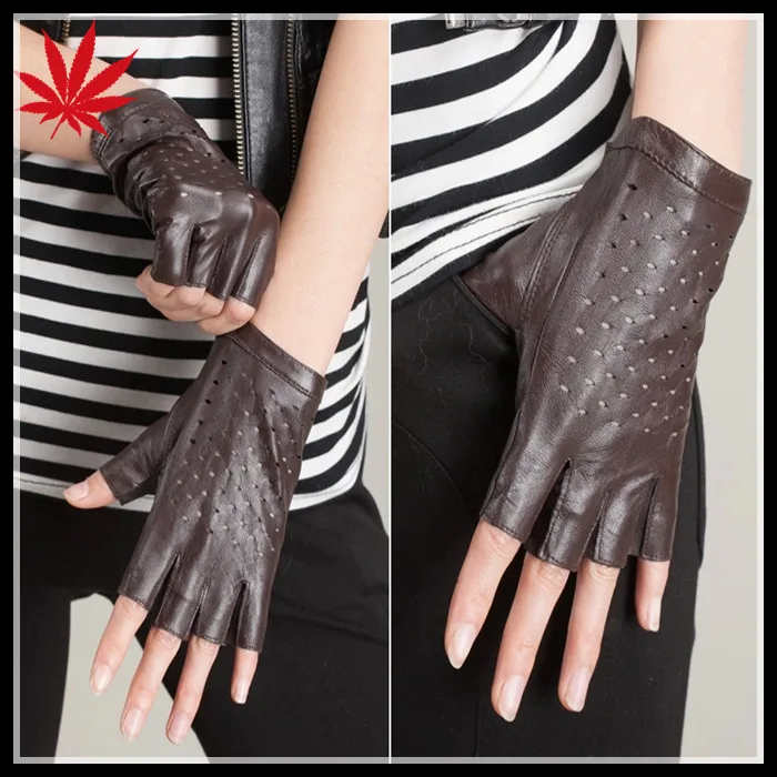 Ladies Urban fashion fingerless leather gloves with holes on the back