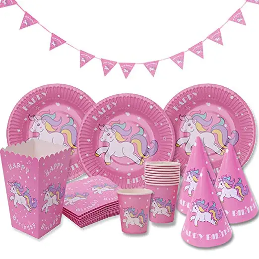 Unicorn Fantasy Party Supplies Pack for 16 Guests Includes: Straws, Dessert Plates, Beverage Napkins, Cups, and Tablecover (Bund