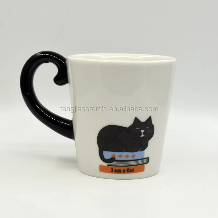Custom printed cute black cat shape ceramic coffee mug
