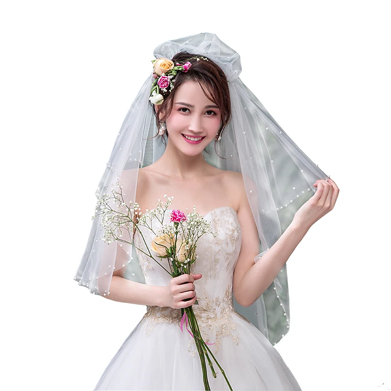 
Wholesale Hot Sale In Stock Beige Veils Bead Edge Tulle One-Layer Wedding Veil High Quality Soft Bridal Illusion veils 
