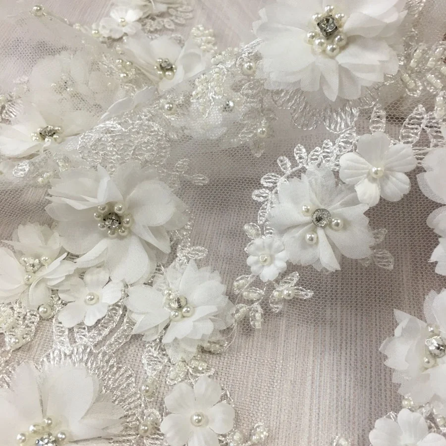 
top fashion 3d flower lace embroidered fabric with hand beaded stones applique for bridal, high quality wedding fabrics 