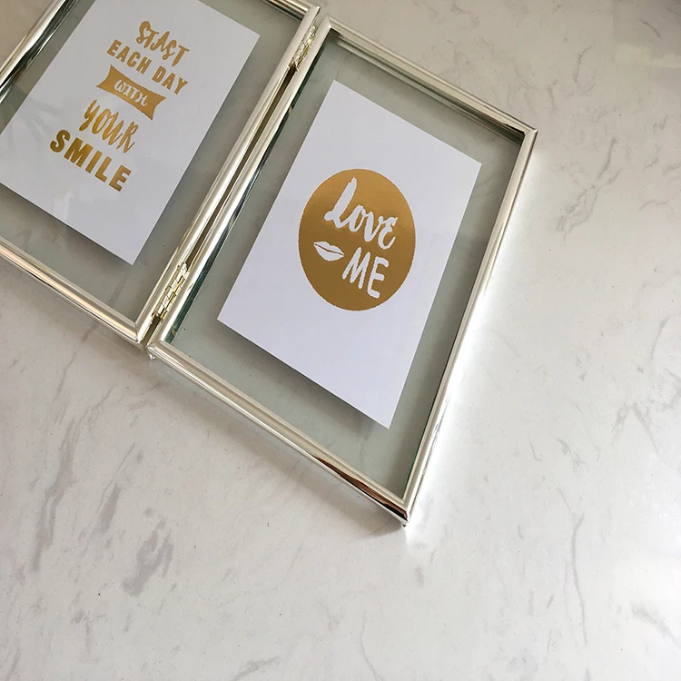 
Customized 2 Openings Transparent Glass Metal Folding Hinged Desktop Table Picture Photo Frame 