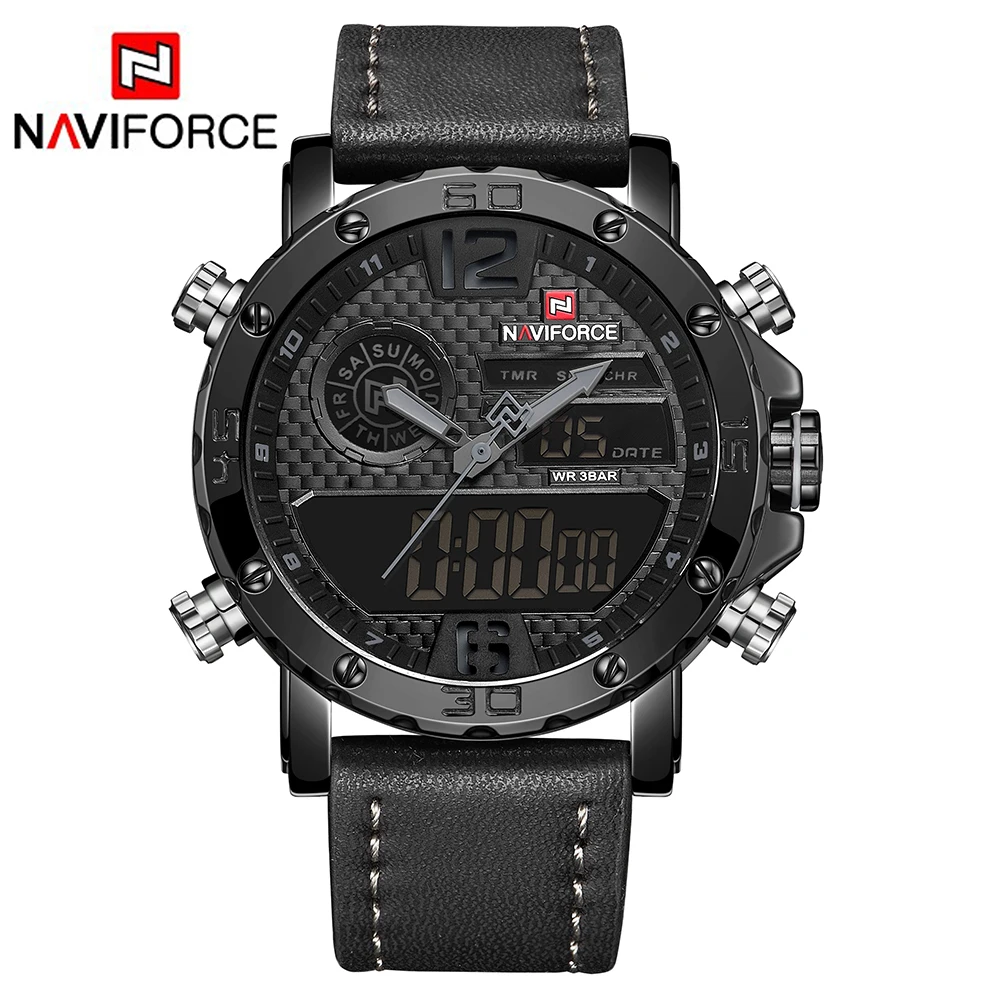NAVIFORCE 9134 Men Watches Top Brand Luxury Original Sport Watch Leather Strap Waterproof Miliary Dual Display Wrist watch Clock