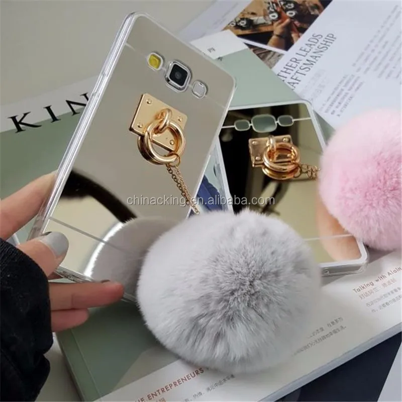 New Fashion Mirror Lovely Rabbit Tail Fur Ball Soft TPU Cases For Samsung Galaxy J5 J7 Cover