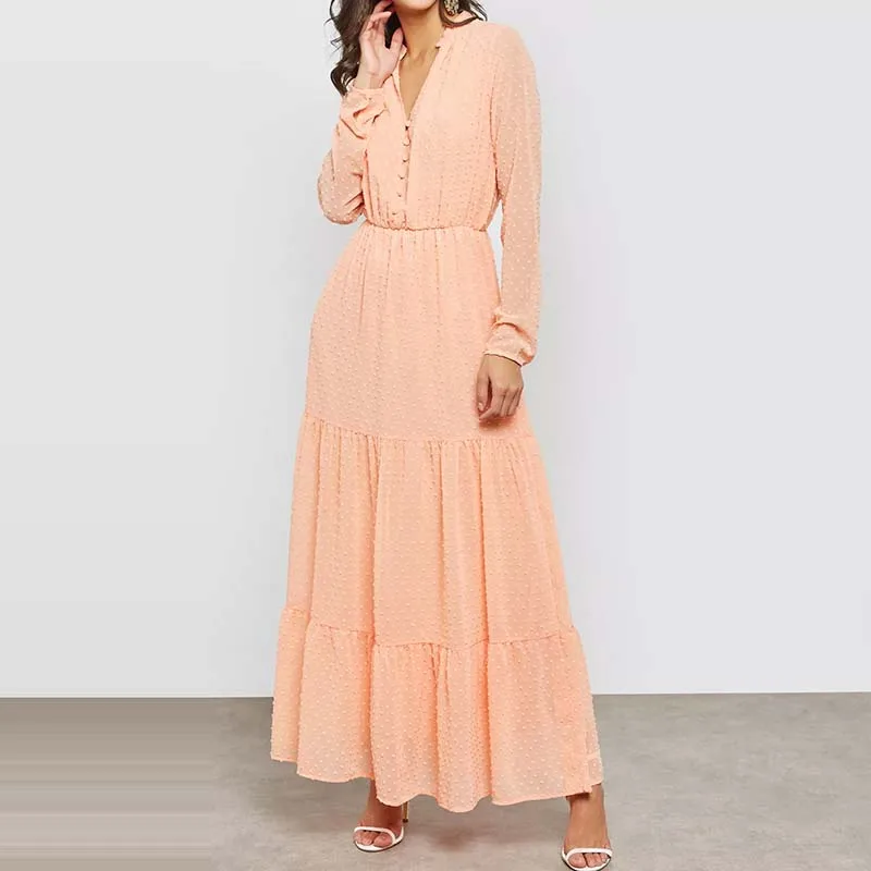 Shopping Fashion Women Custom Button Front Clip Dot Ruffle Maxi Dress Long Dresses Women Summer Dress