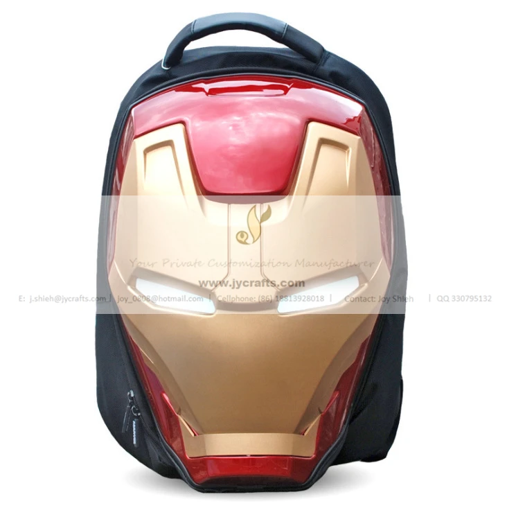High Quality Cool Marvel Gift 3D Ironman shape fashion backpack with LED light eyes